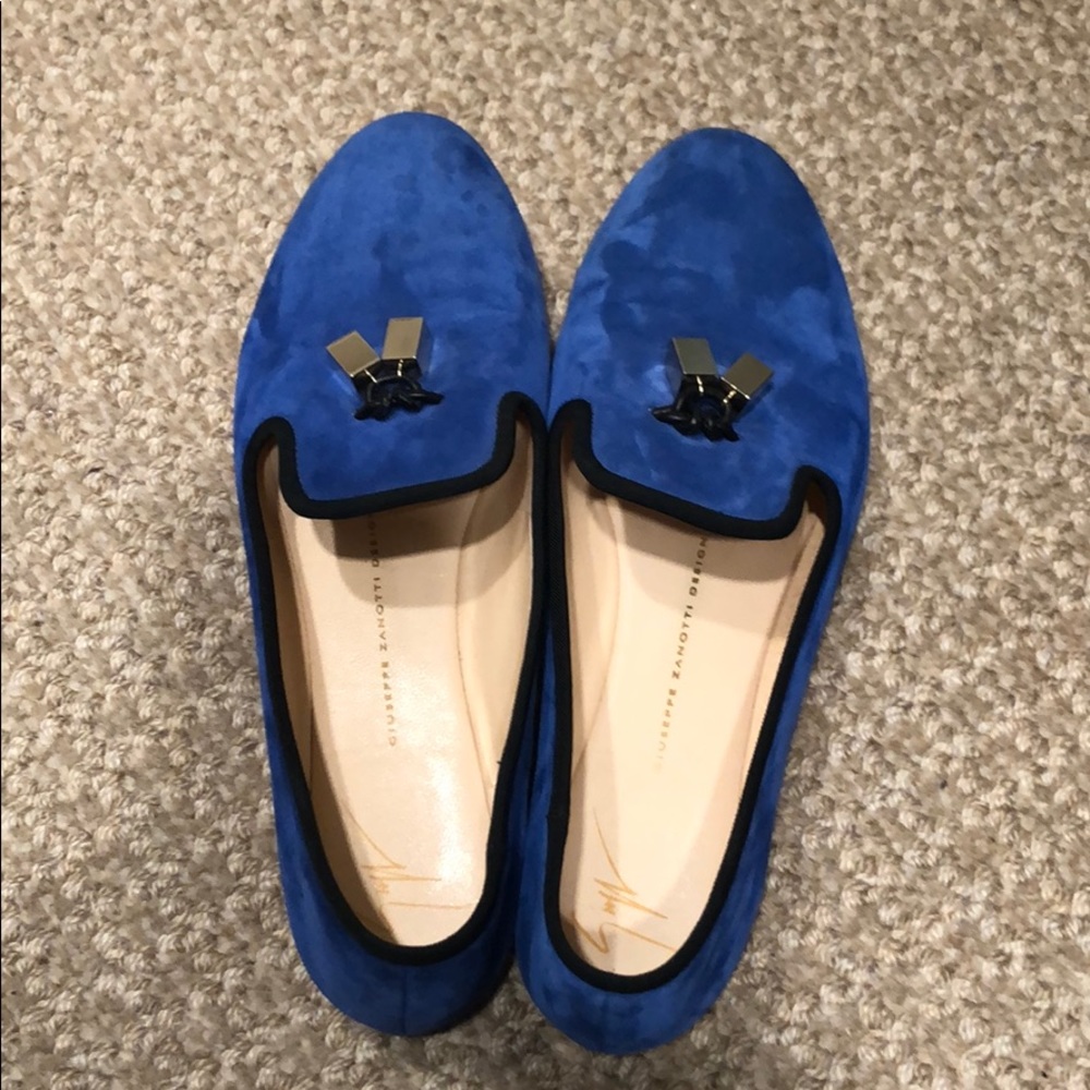 Giuseppe Zanotti cobalt blue flat suede slip on.